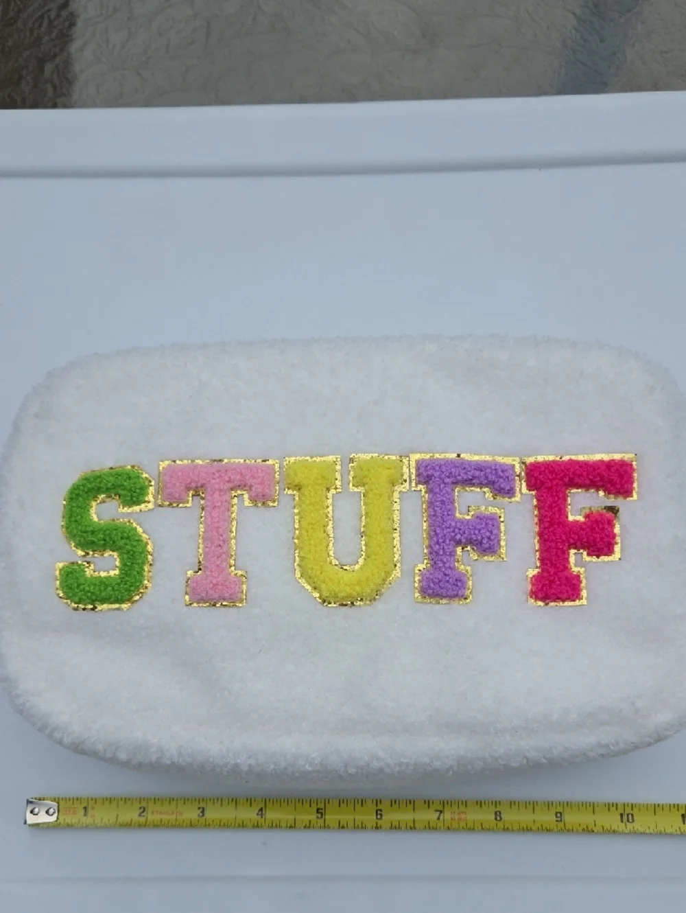 Sherpa Plush 'STUFF' Pouch in Multicolor Letters Cosmetic Bag
